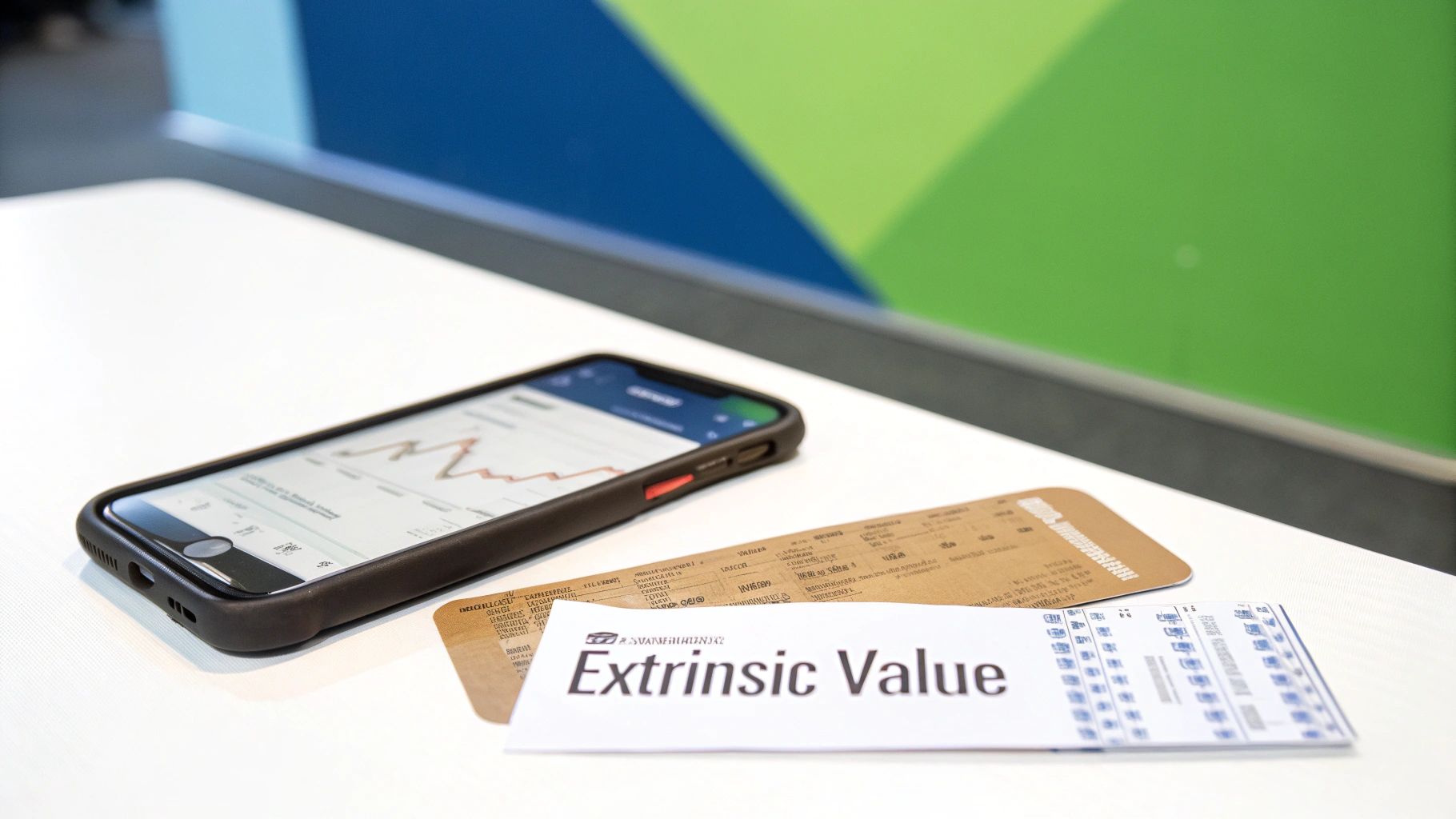 A smartphone displaying a financial chart and paper slips, one clearly stating 'Extrinsic Value'.