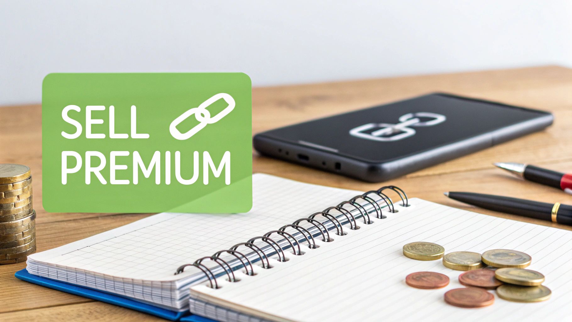 Premium backlinks selling concept with coins, notebook, and smartphone on wooden desk workspace