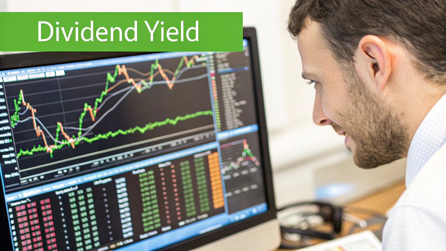 An upward-trending stock chart with icons representing money and growth, illustrating financial concepts like dividend yield.