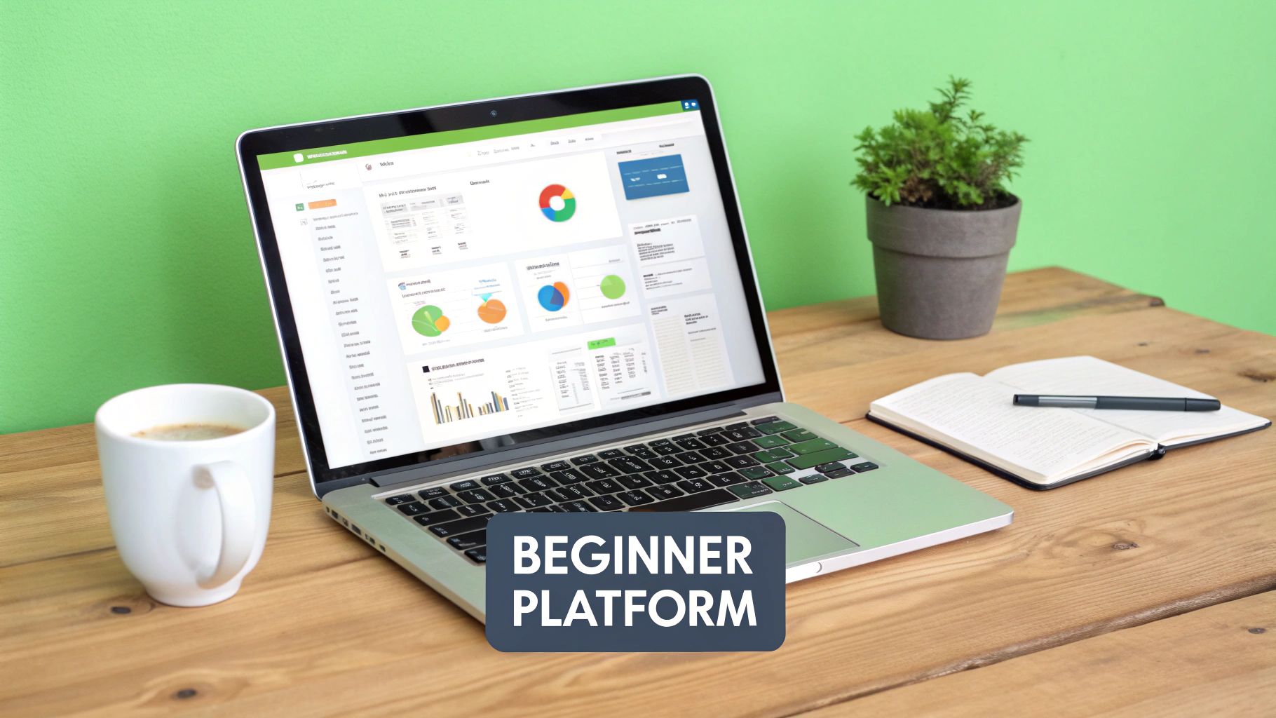 A laptop displaying a financial dashboard with charts, coffee, plant, and notebook, labeled 'BEGINNER PLATFORM'.