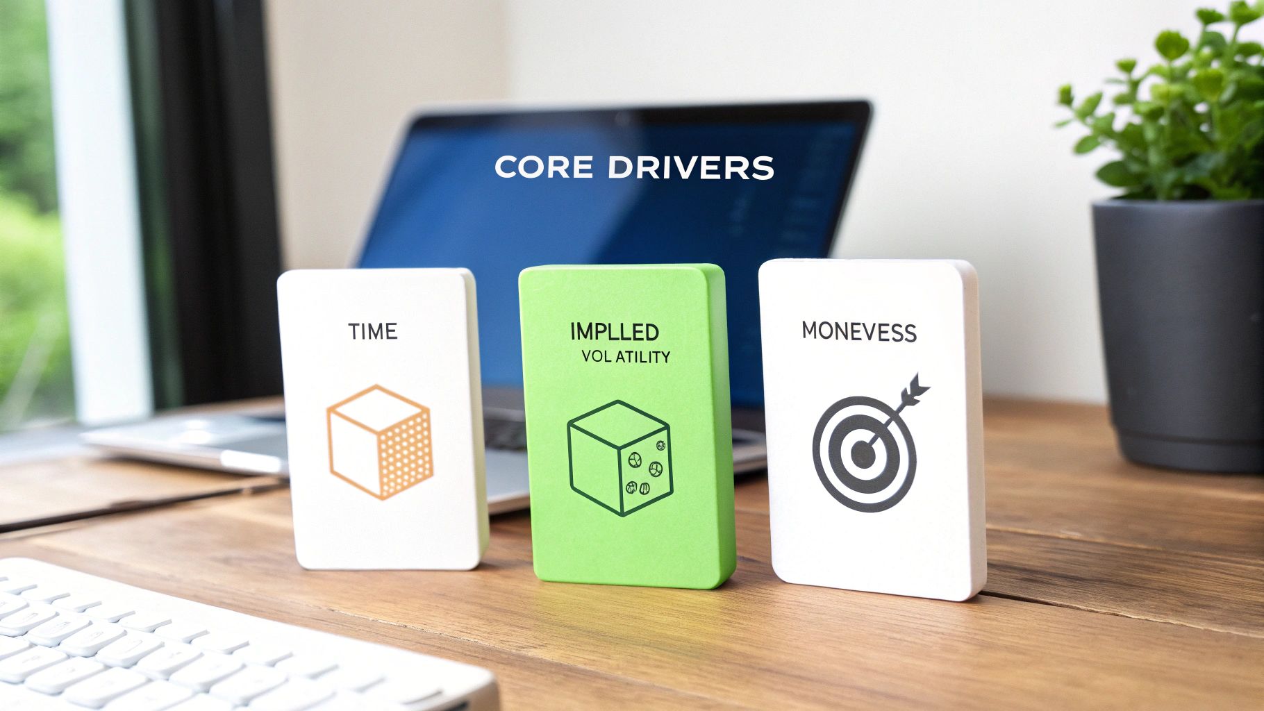Three cards illustrating 'TIME,' 'IMPLIED VOLATILITY,' and 'MONEVESS' as core drivers on a desk with a laptop.