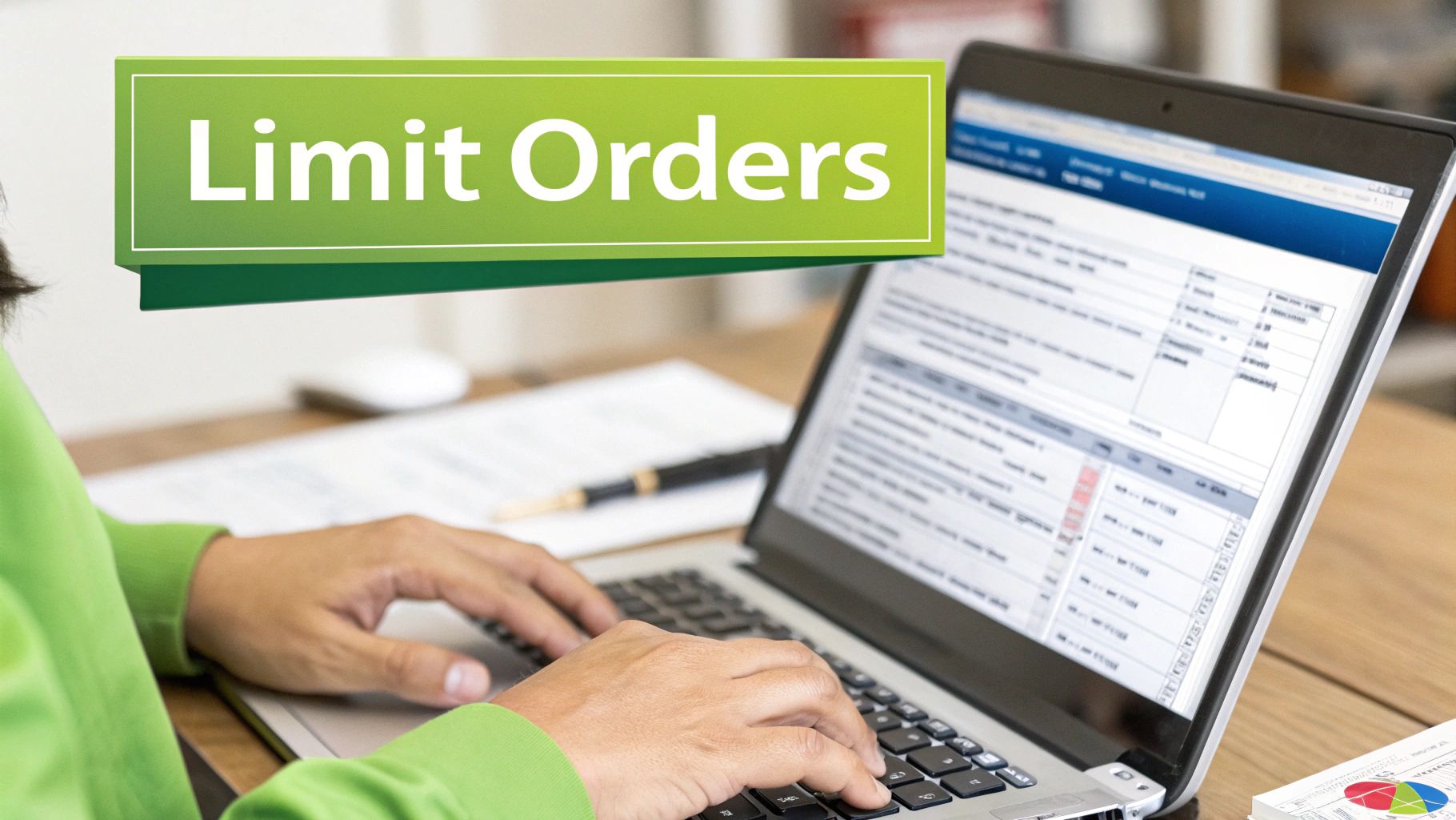 A person types on a laptop displaying financial data, with a 'Limit Orders' banner floating above.