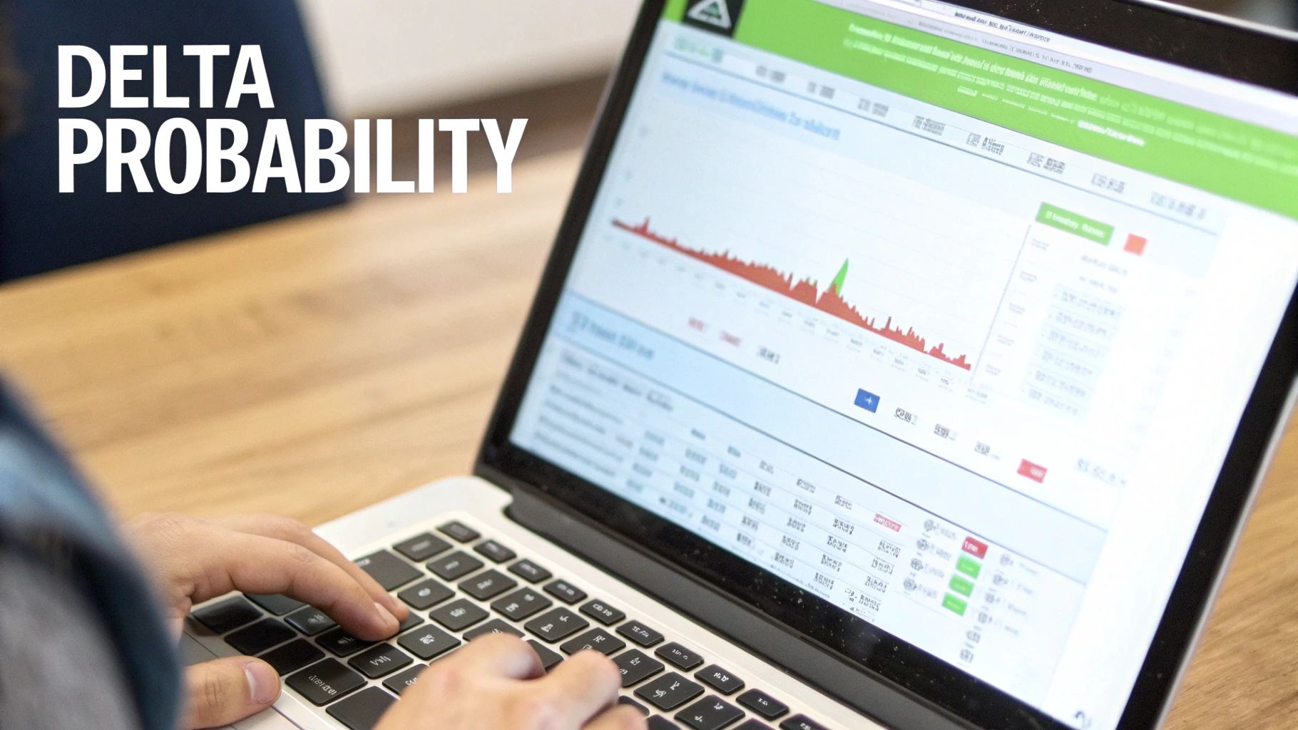 Person typing on a laptop, screen showing financial charts and data with "Delta Probability" text.