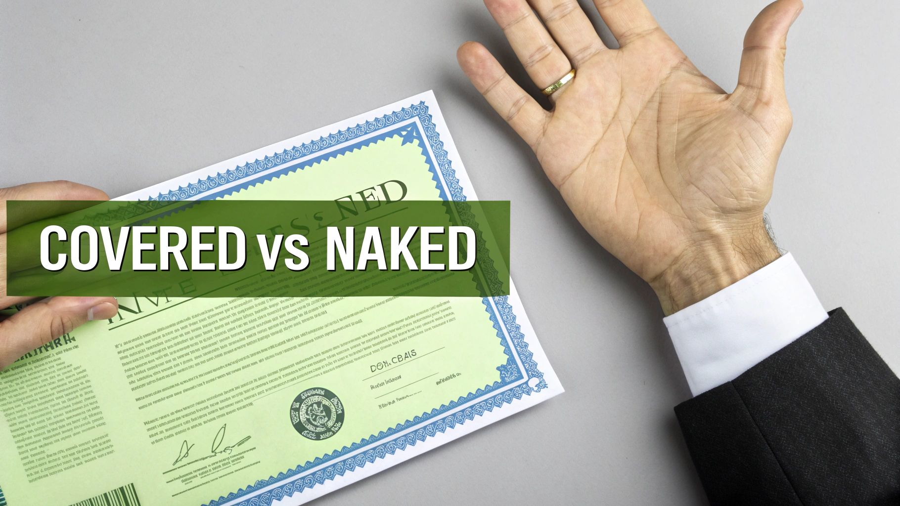 Two hands interacting with a legal document, featuring a banner that reads 'COVERED vs NAKED'.
