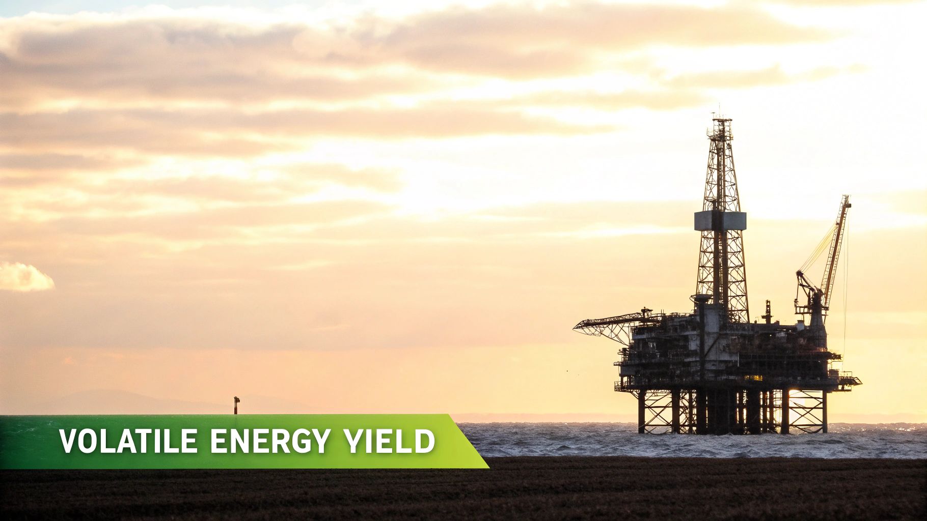 An offshore oil rig at sunset, with 'VOLATILE ENERGY YIELD' text on a green banner.