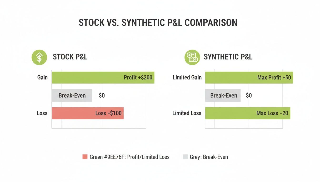 Comparison chart illustrating stock vs. synthetic P&L, highlighting unlimited vs. limited gains and losses.