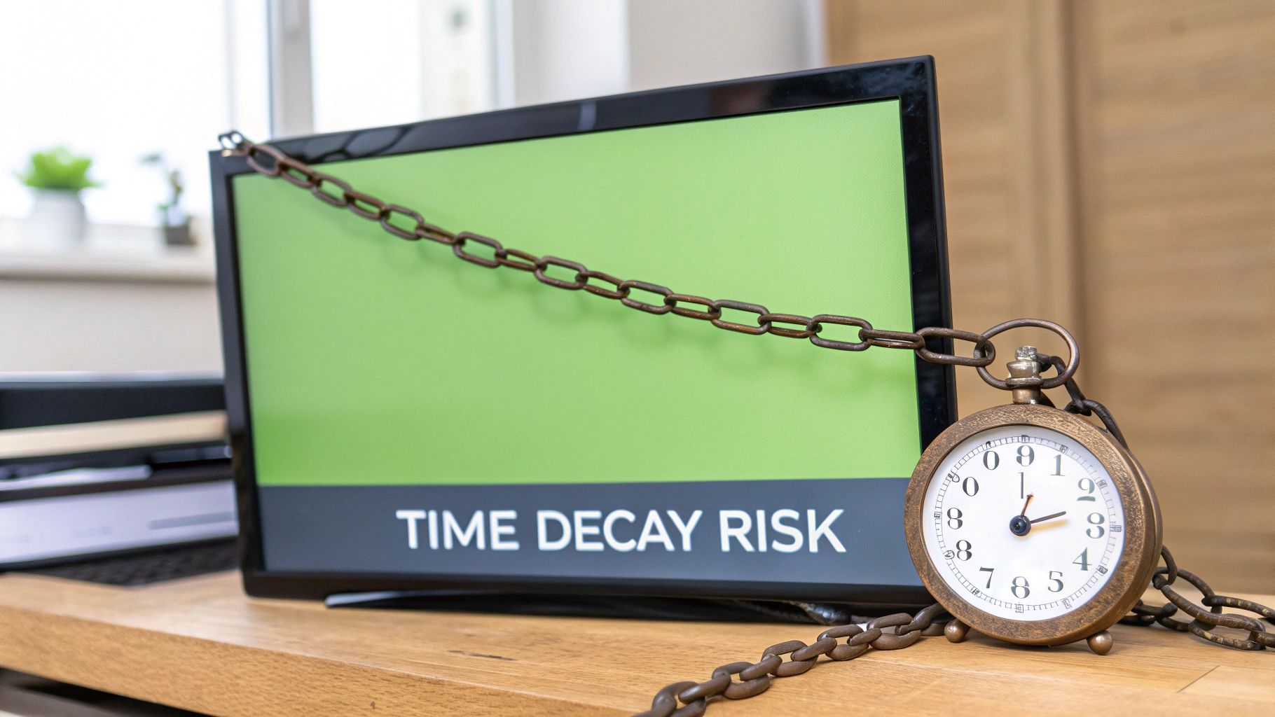 An antique clock chained to a monitor displaying 'TIME DECAY RISK' on a green screen.