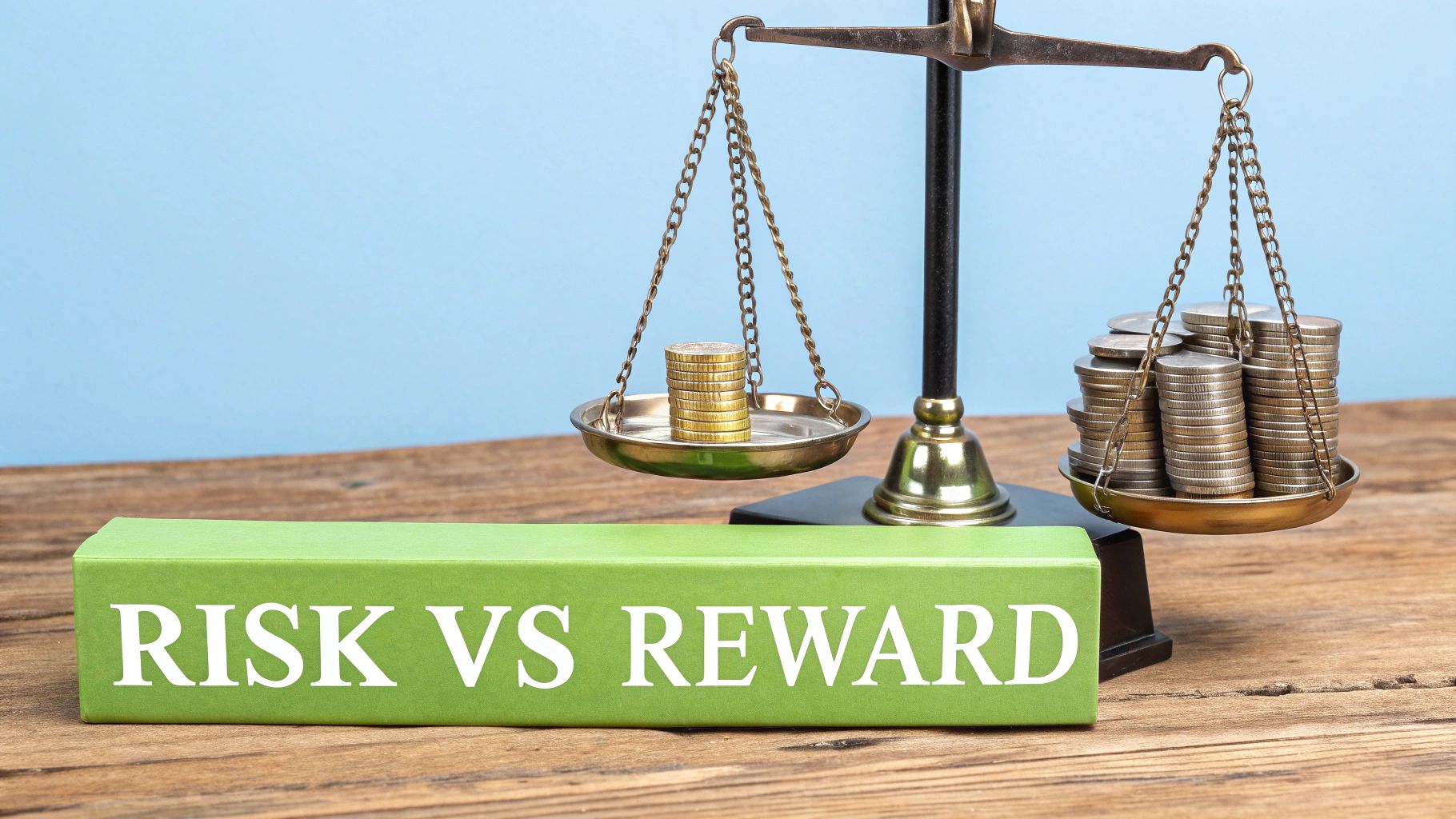 A split-screen image showing a rising graph on one side and a falling graph on the other, symbolizing risk and reward.