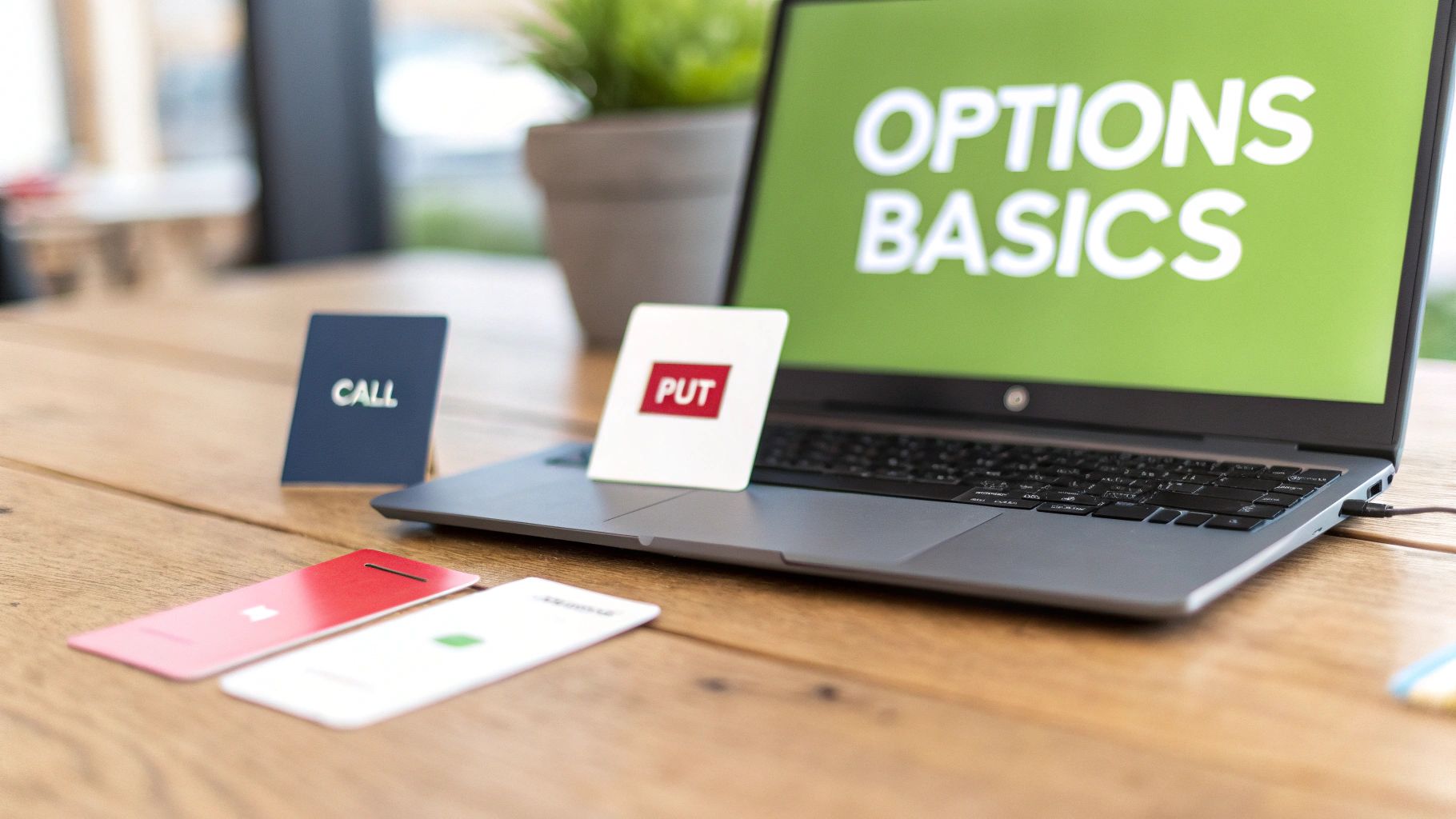 A laptop displays 'OPTIONS BASICS' next to 'CALL' and 'PUT' trading cards on a wooden desk.