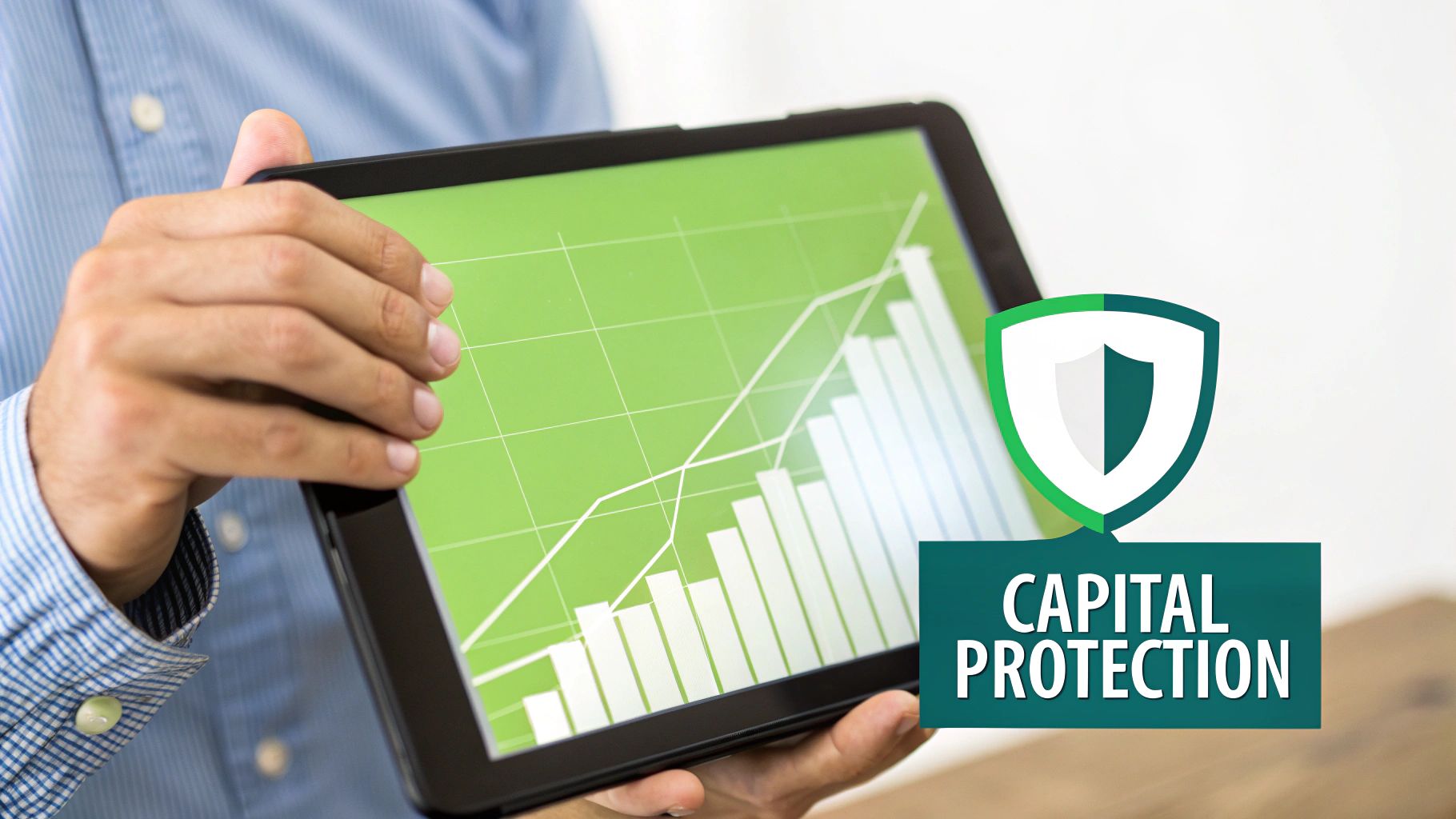 A person placing a protective shield over a piggy bank representing investment protection