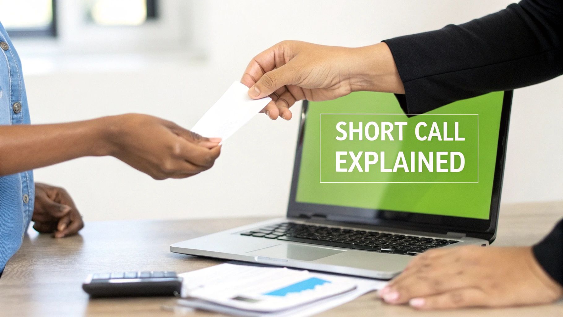 Two individuals exchanging a business card across a desk with a laptop showing 'SHORT CALL EXPLAINED'.