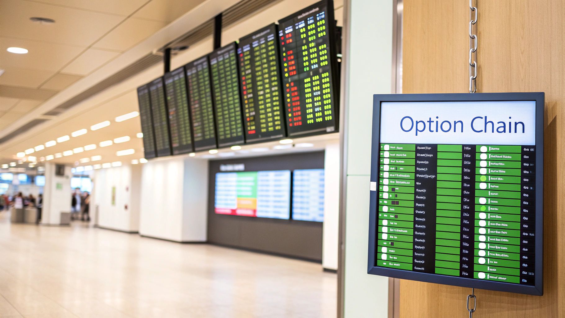 Multiple large digital screens displaying financial data, with a clear 'Option Chain' screen in the foreground.