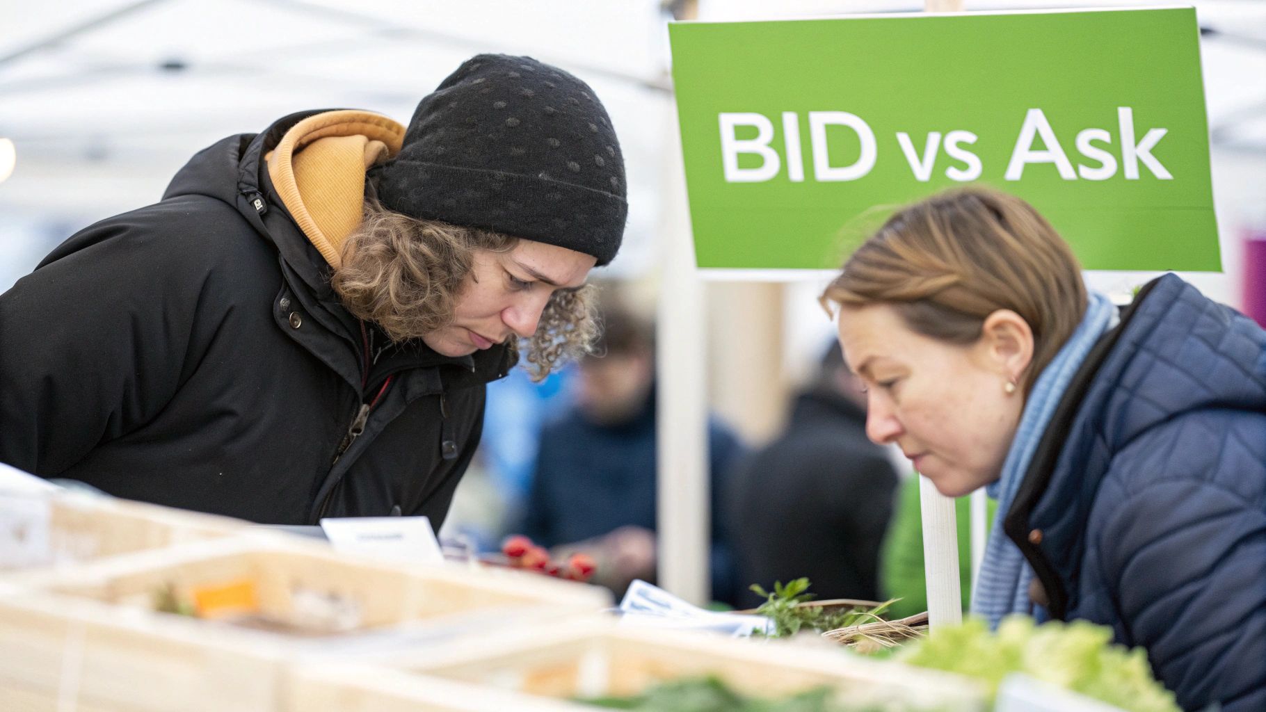 Two women closely examine produce at a market stall with a "BID vs Ask" sign overhead.