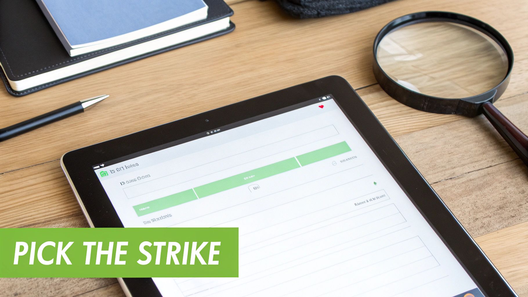A tablet displays a form with green progress bars, alongside a pen, notebooks, and a magnifying glass on a wooden desk, with a green overlay text 'PICK THE STRIKE'.