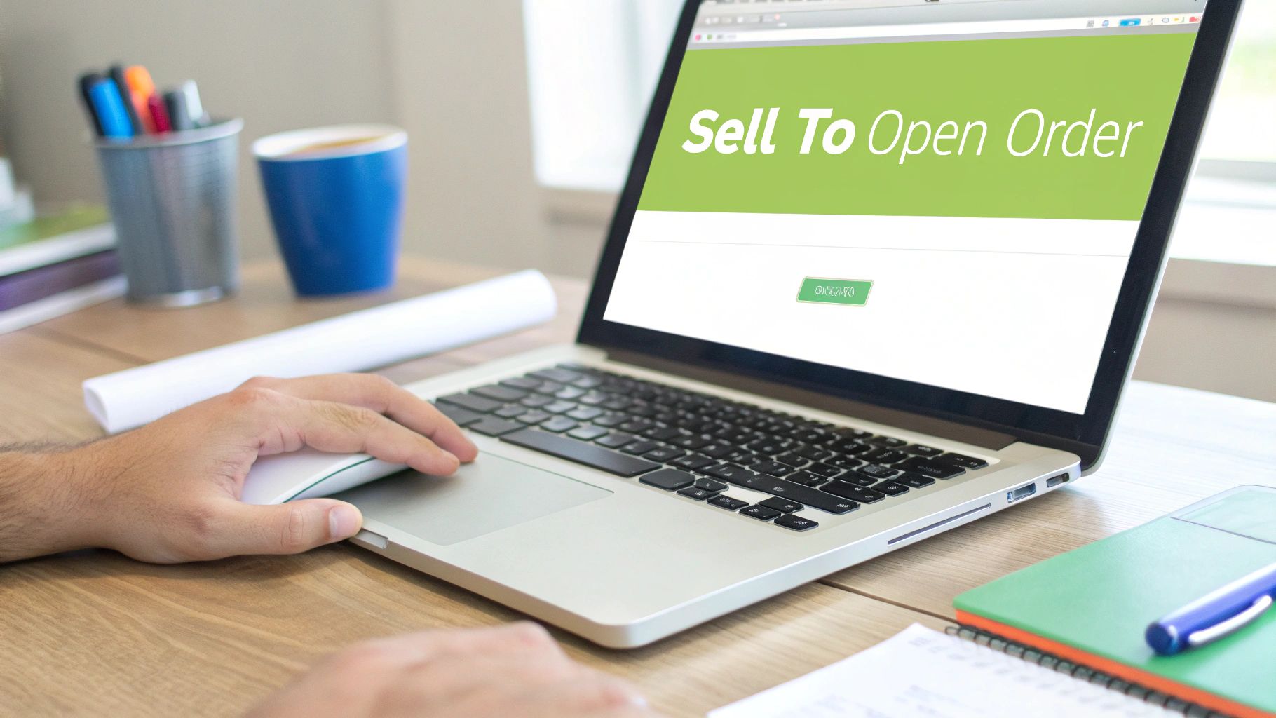 Person using laptop displaying sell to open order strategy on trading platform screen