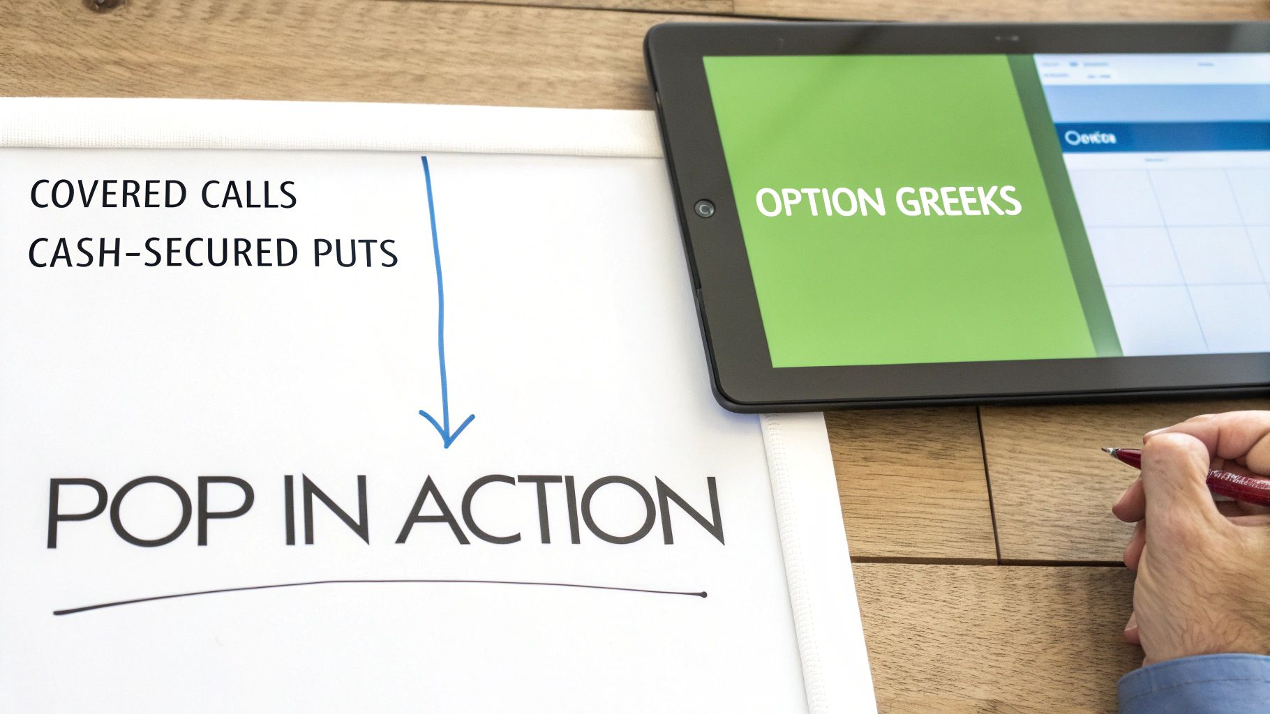 A hand holding a pen next to a whiteboard explaining options strategies and a tablet showing 'Option Greeks'.