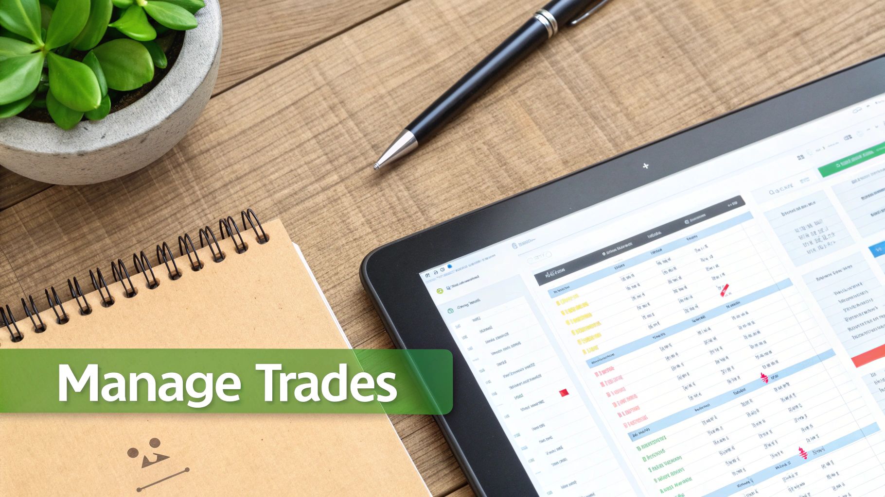 Desk setup with a tablet showing trading data, a notebook displaying 'Manage Trades', a pen, and a potted plant.