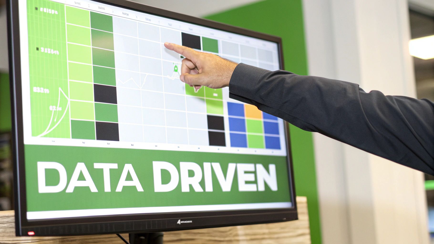A person's hand points at a digital dashboard on a monitor displaying data and 'DATA DRIVEN' text.