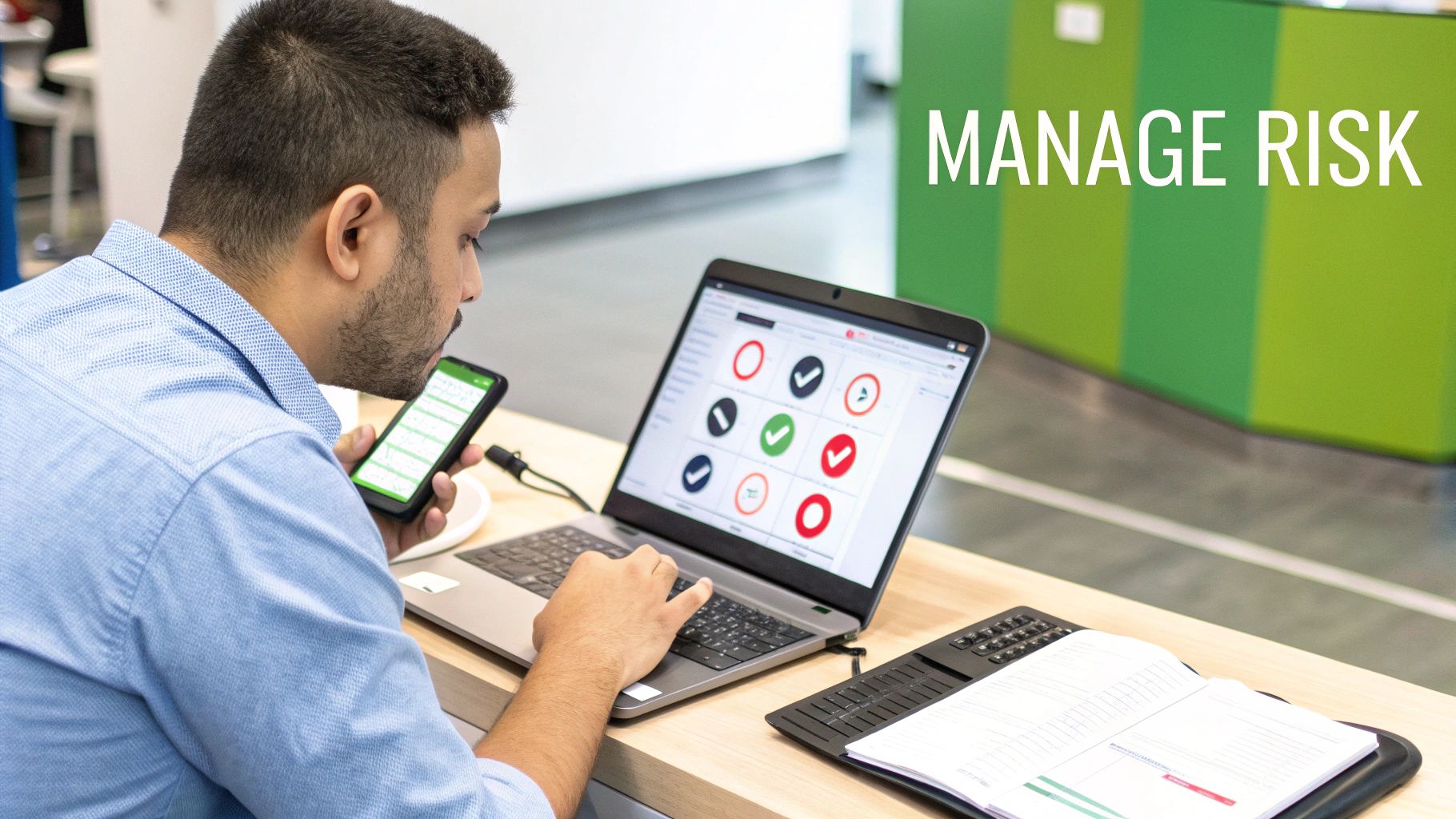 Professional man managing risk, checking data on laptop and phone with an analytical interface.