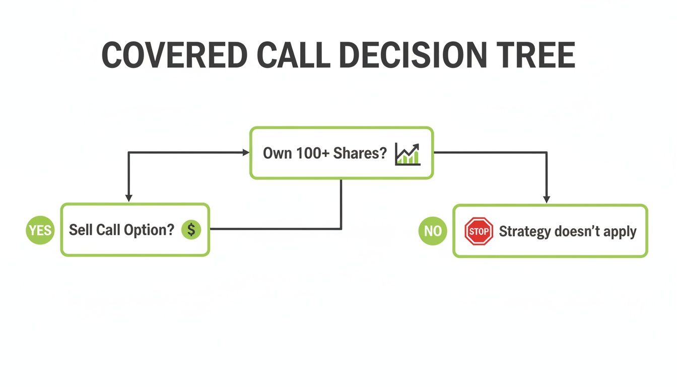 A covered call decision tree flowchart guiding investors on owning shares and selling call options.