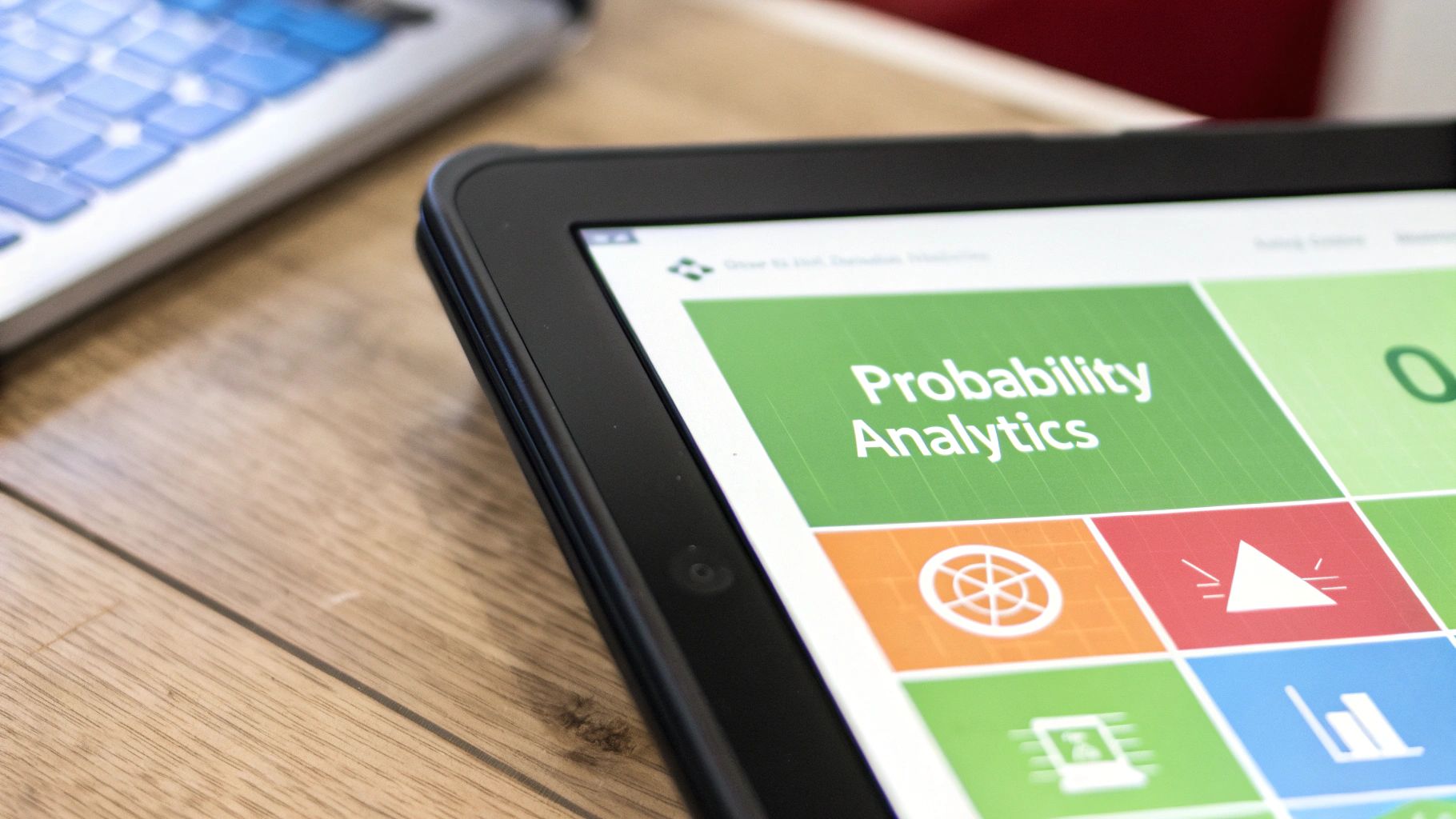 Tablet displaying a data analytics dashboard with 'Probability Analytics' and various icons.