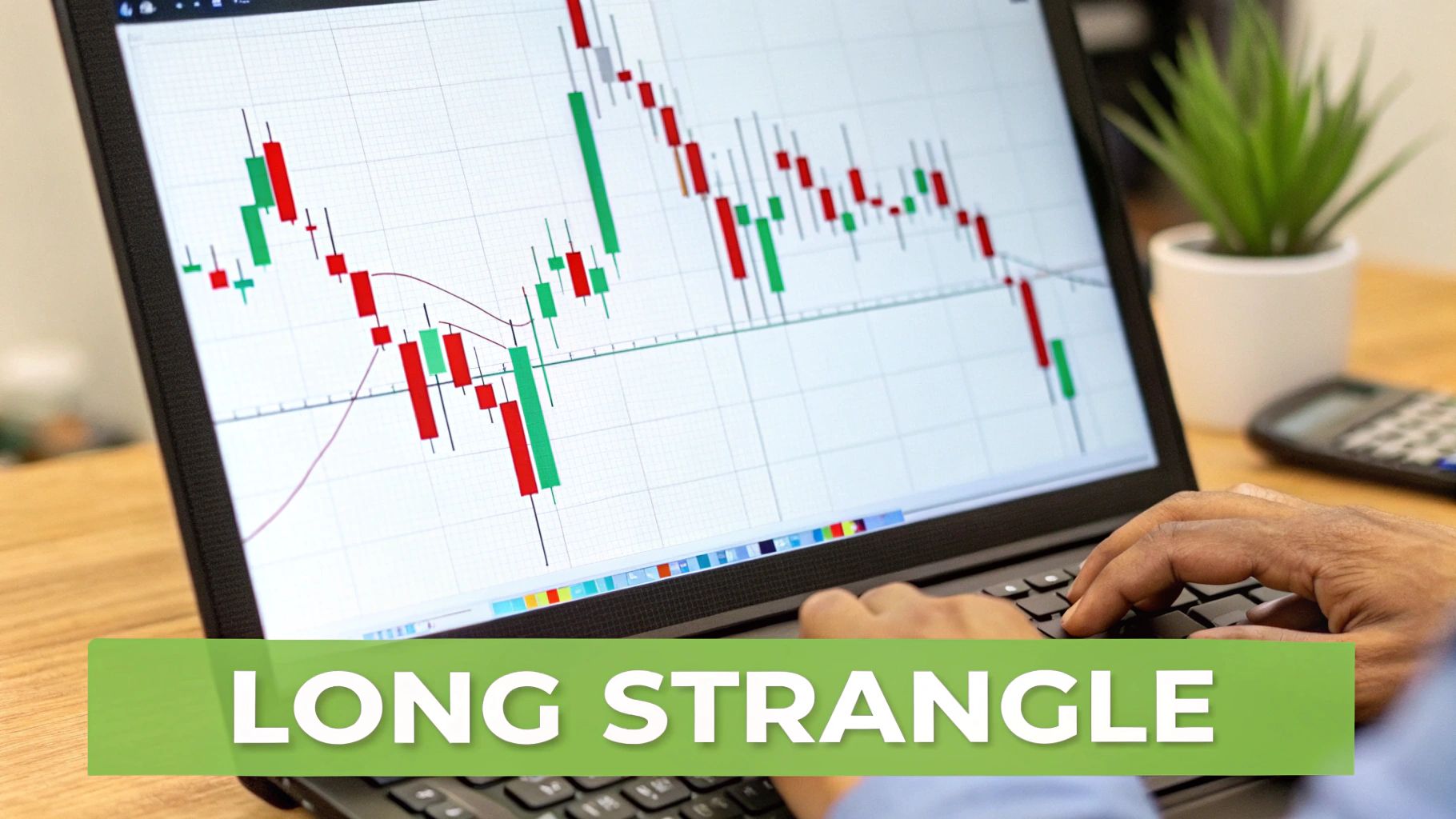 A person works on a laptop displaying a red and green candlestick stock chart with a 'LONG STRANGLE' overlay.
