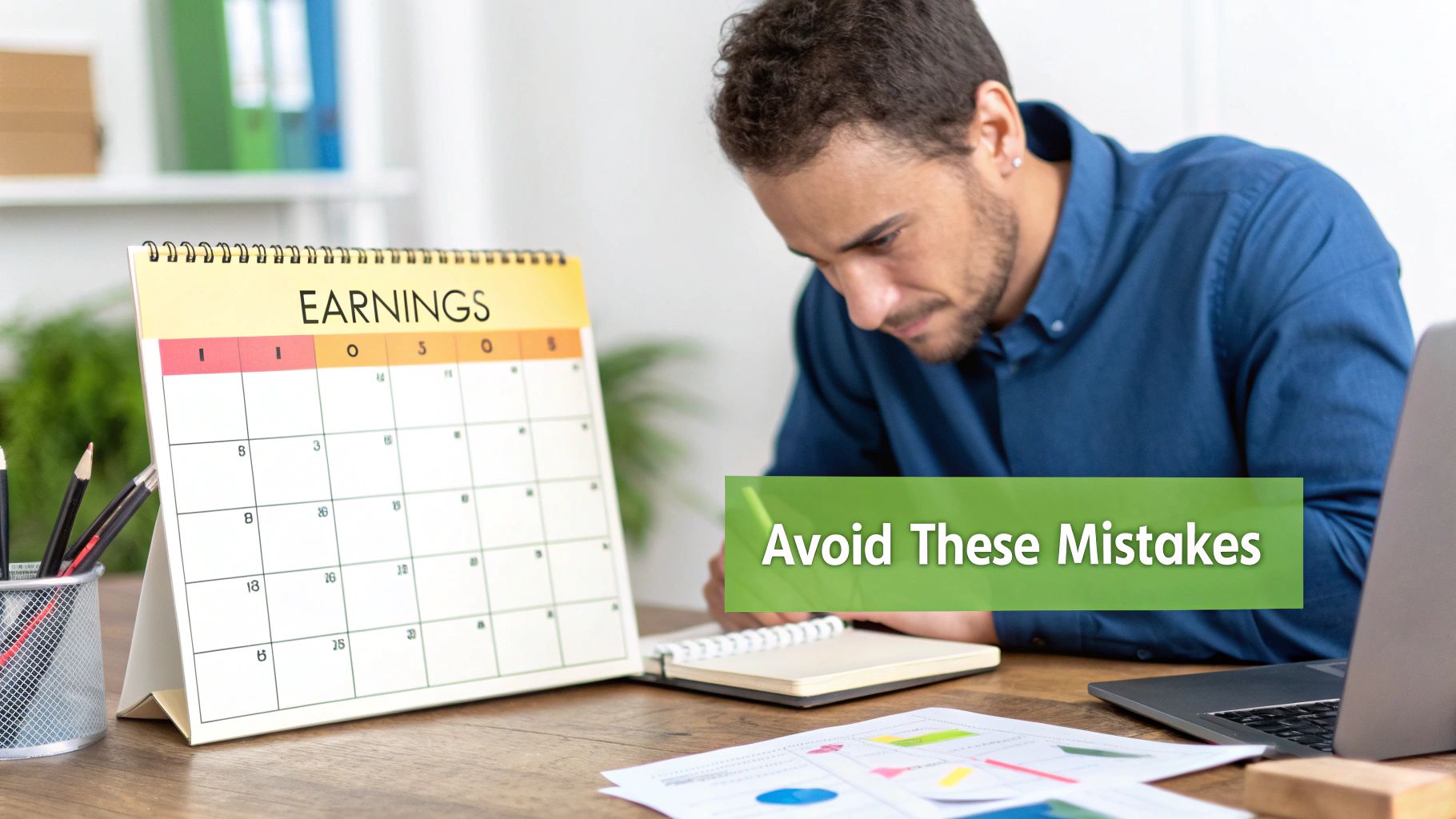 A man studies documents at a desk with an 'Earnings' calendar and 'Avoid These Mistakes' overlay.