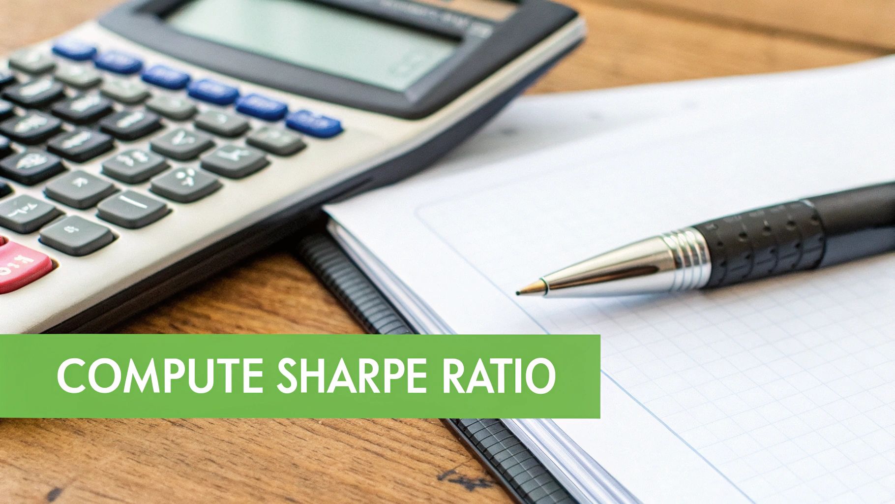 A calculator, pen, and notebook on a wooden desk with a banner stating 'COMPUTE SHARPE RATIO'.