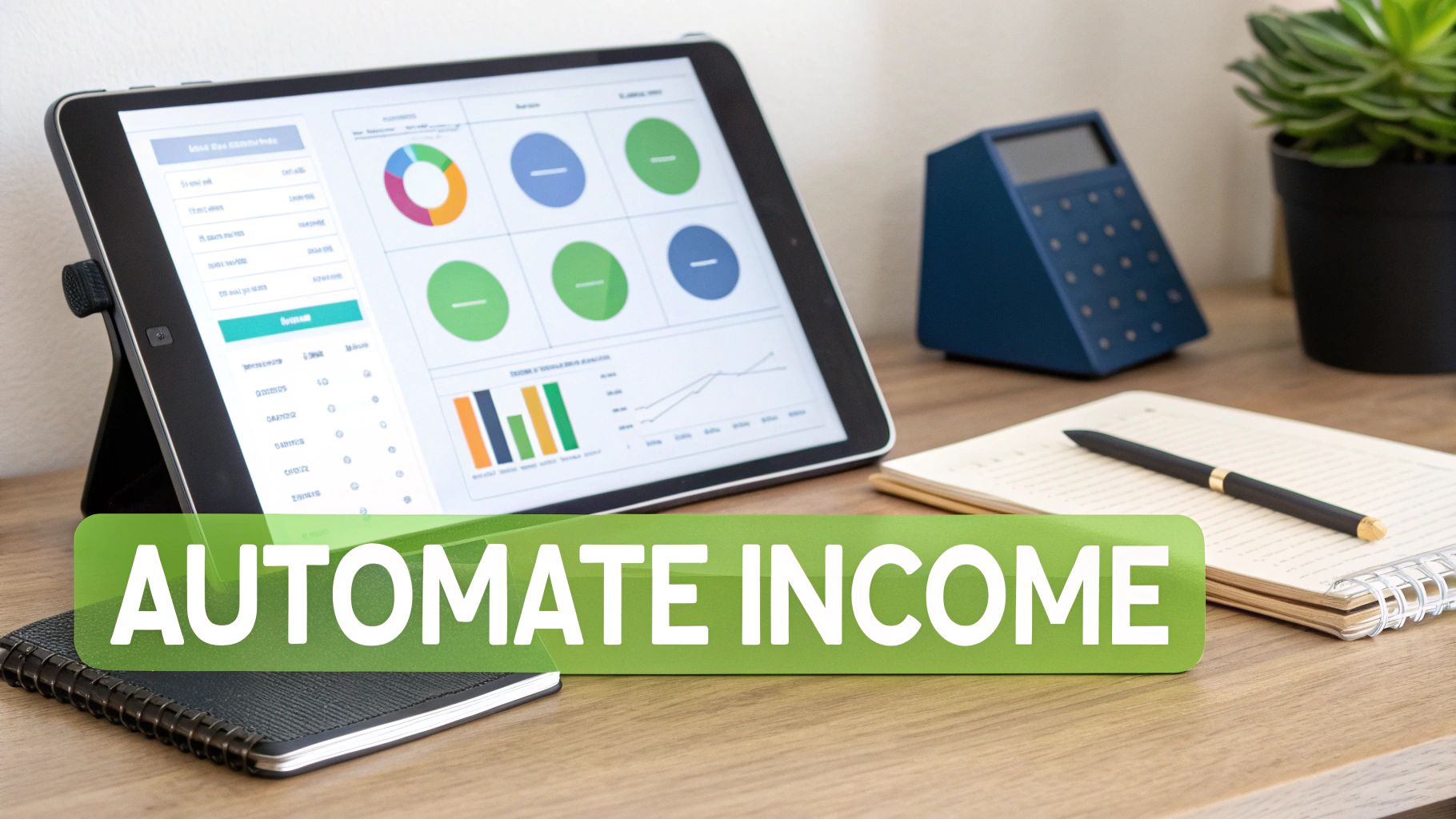 A tablet displaying financial charts and graphs with 'AUTOMATE INCOME' text on a desk with a calculator and notebook.