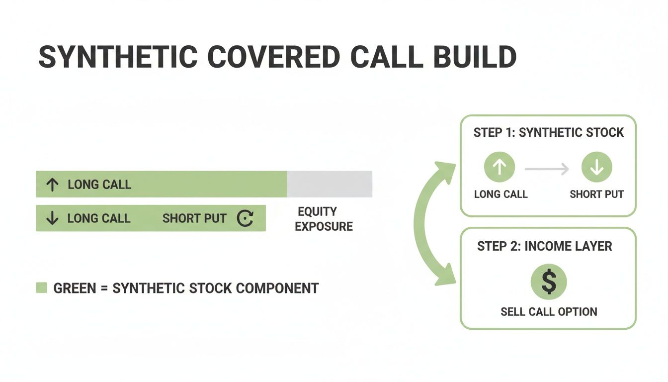 A diagram explaining the synthetic covered call build, detailing synthetic stock and income layer components.