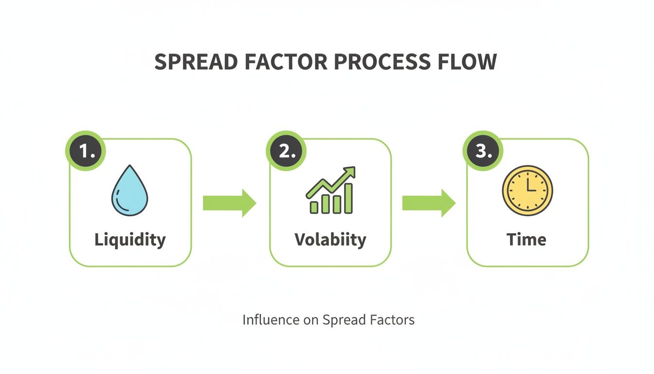 Flowchart illustrating how liquidity, volatility, and time influence spread factors in a process.