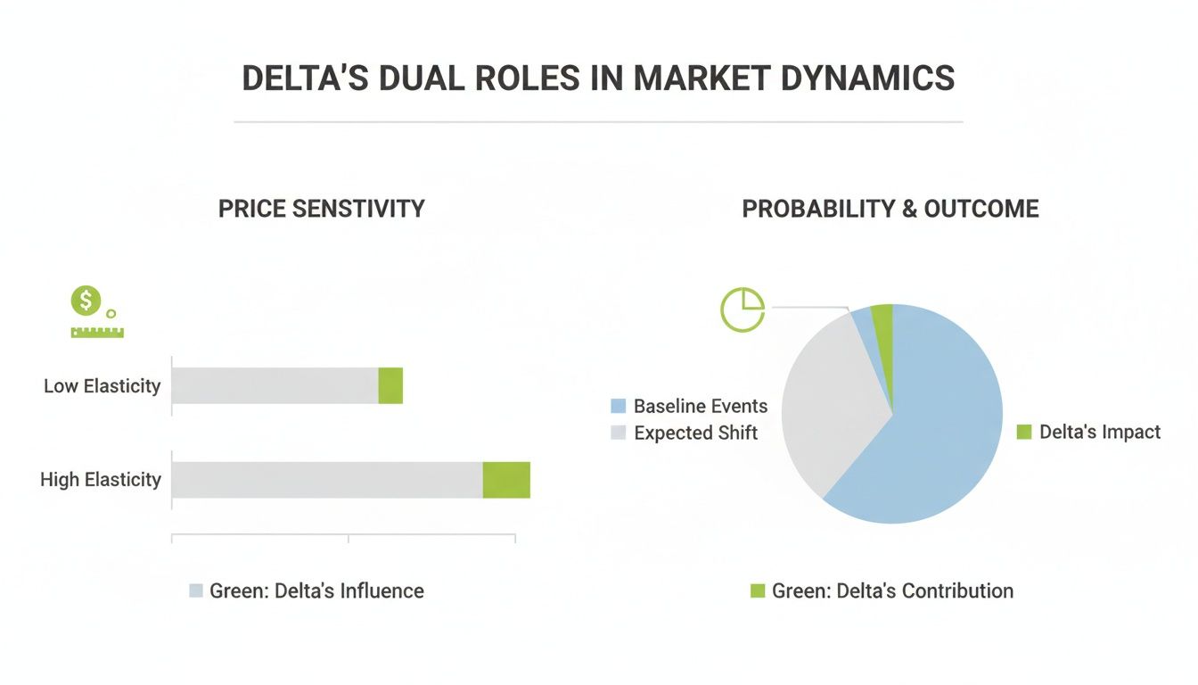 Visualizing Delta's dual roles in market dynamics through price sensitivity and probability & outcome charts.