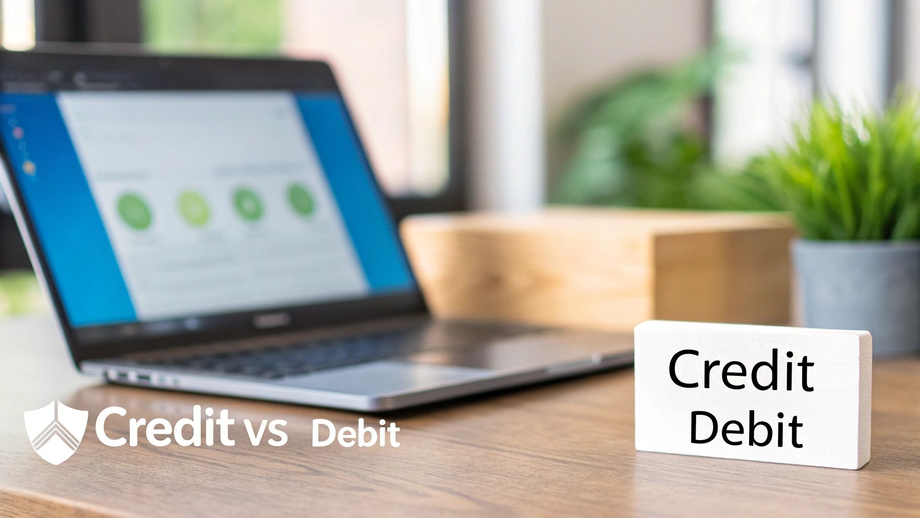 A laptop on a wooden desk with a white block labeled 'Credit Debit' and 'Credit vs Debit' text overlay.