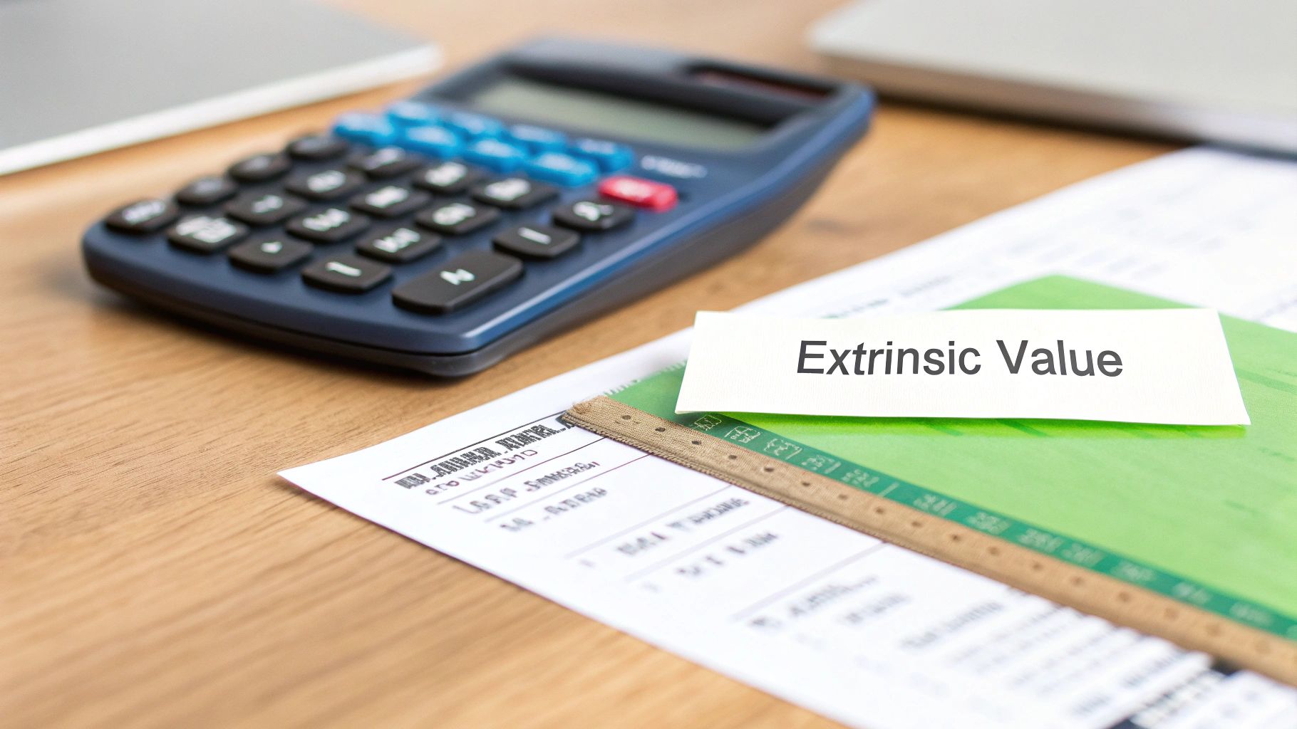 Calculator and extrinsic value card on desk with financial documents and ruler