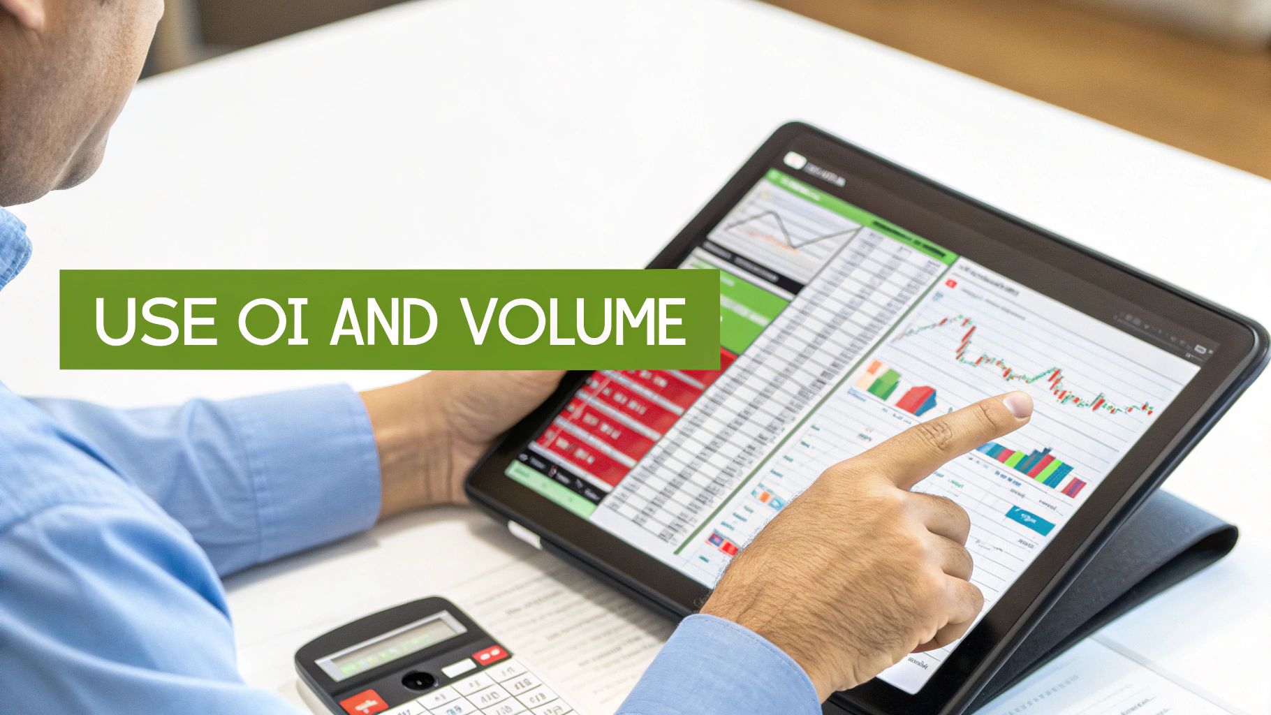 A trader analyzing financial charts on a laptop, illustrating the application of metrics like volume and open interest.