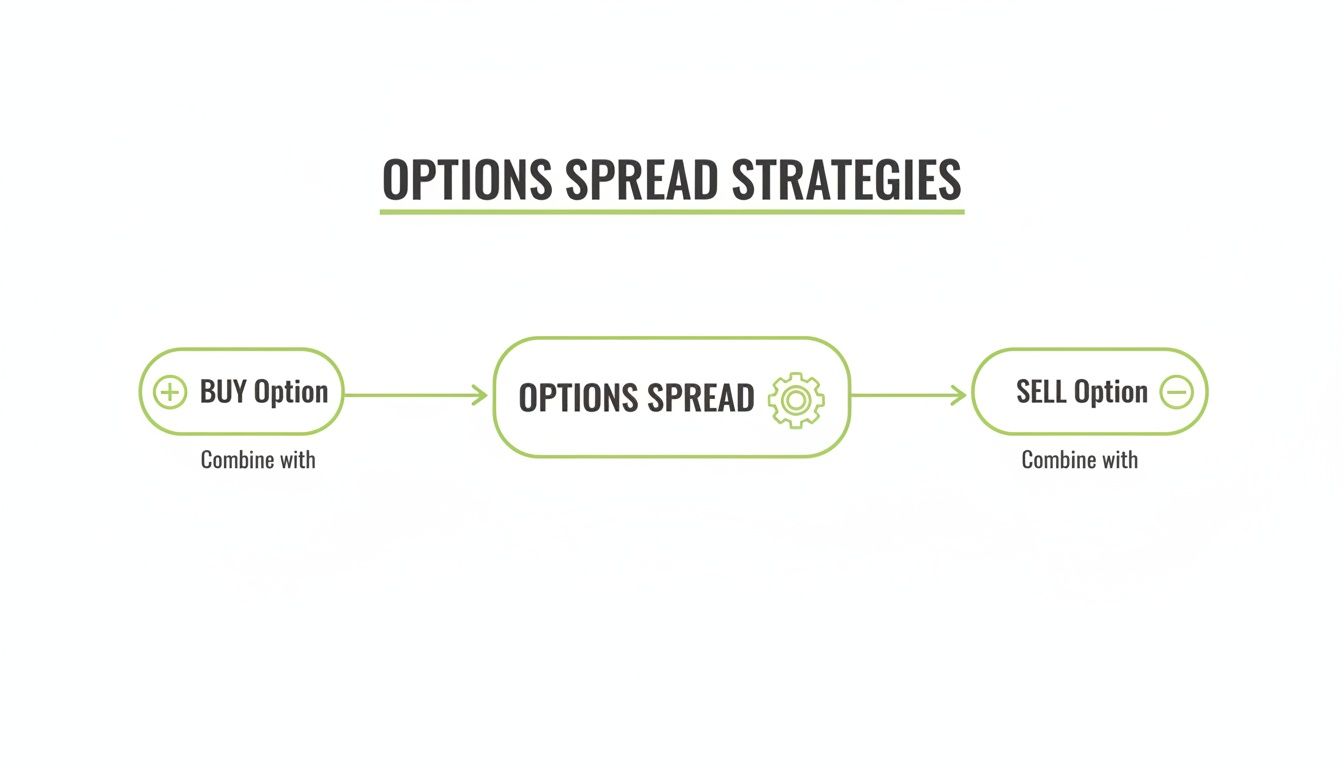 A flowchart illustrates options spread strategies, combining a buy option with a sell option.