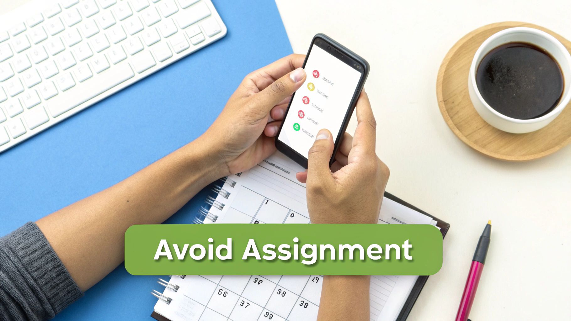 Overhead view of hands holding a smartphone with an app, a keyboard, planner, and coffee on a desk.