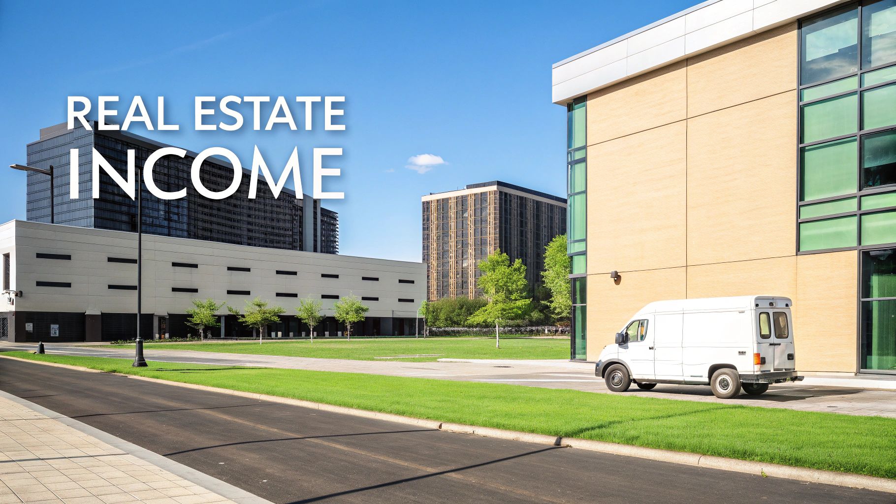 Urban landscape with modern buildings, green lawns, a white van, and 'REAL ESTATE INCOME' text.