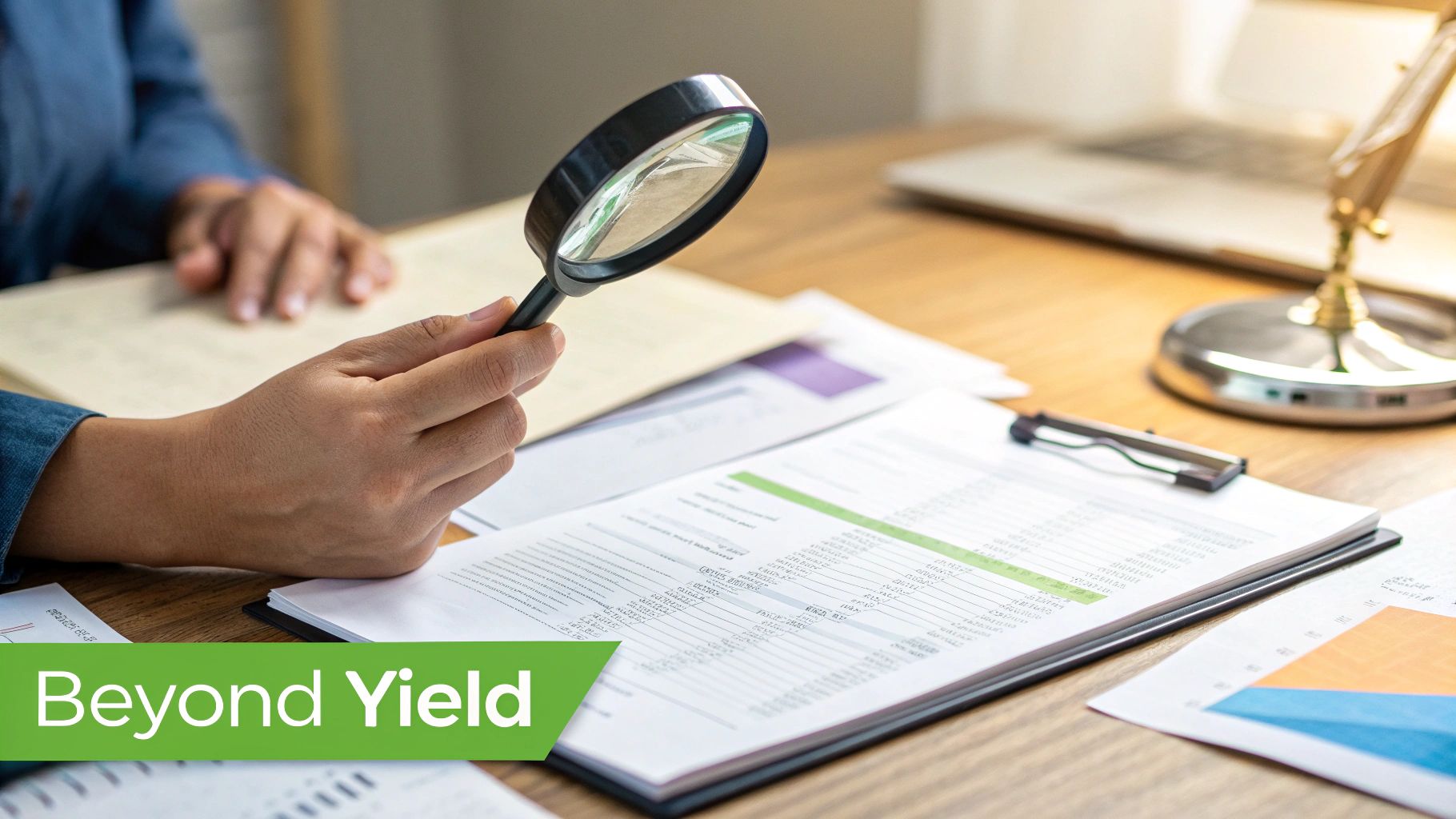 A magnifying glass hovering over a stock chart, indicating a deeper analysis of financial data like dividend yield.