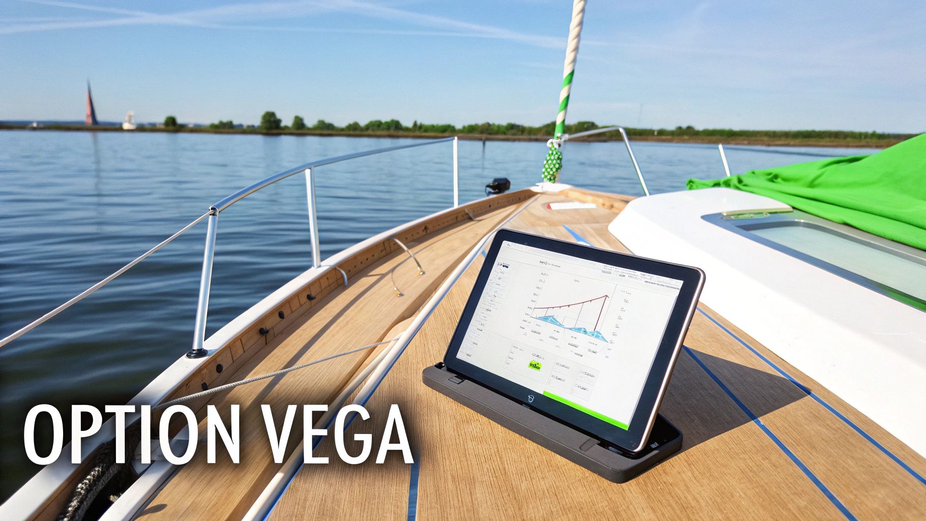 A tablet on a wooden boat deck displays financial option charts with text "OPTION VEGA".