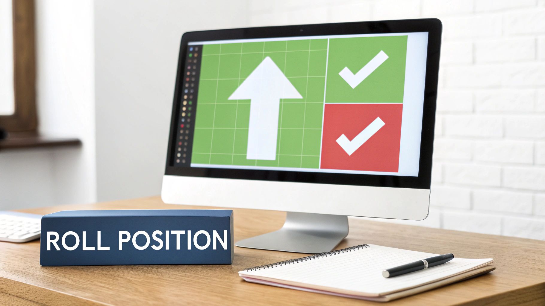A desktop computer shows trading symbols: an up arrow and green/red checkmarks, next to a 'ROLL POSITION' block.