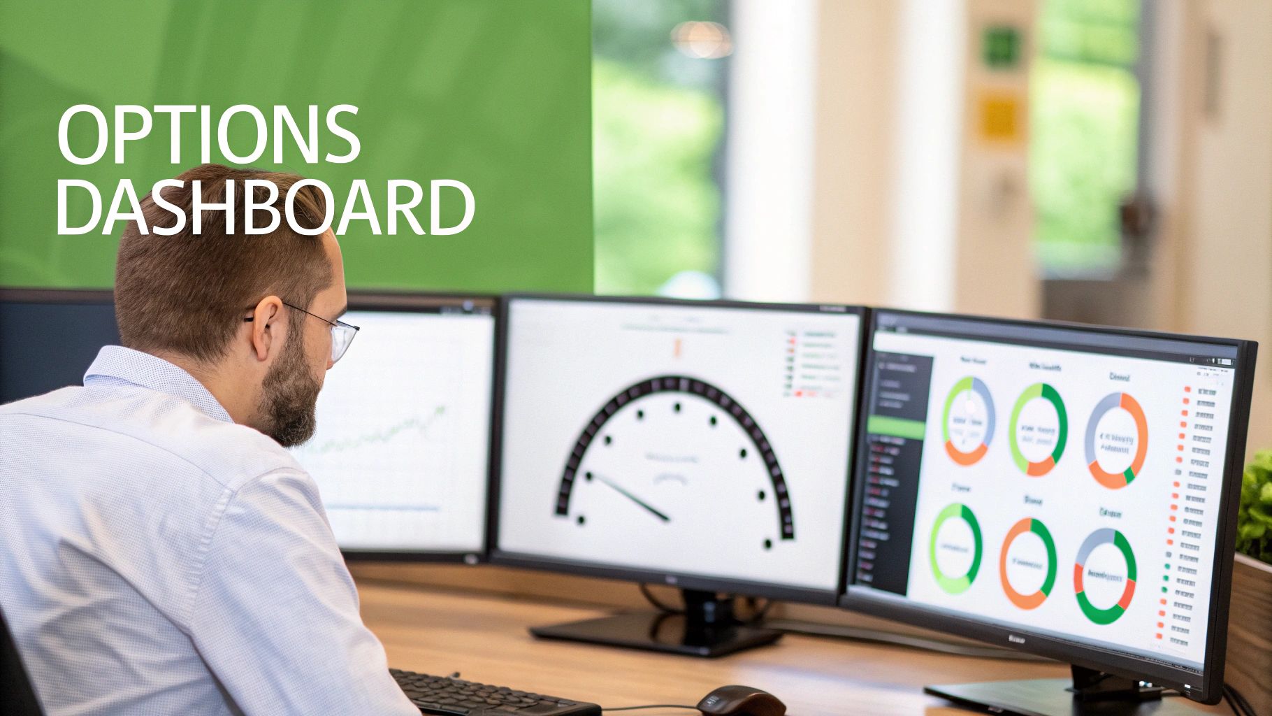 A man views multiple computer monitors displaying financial options dashboards and charts.