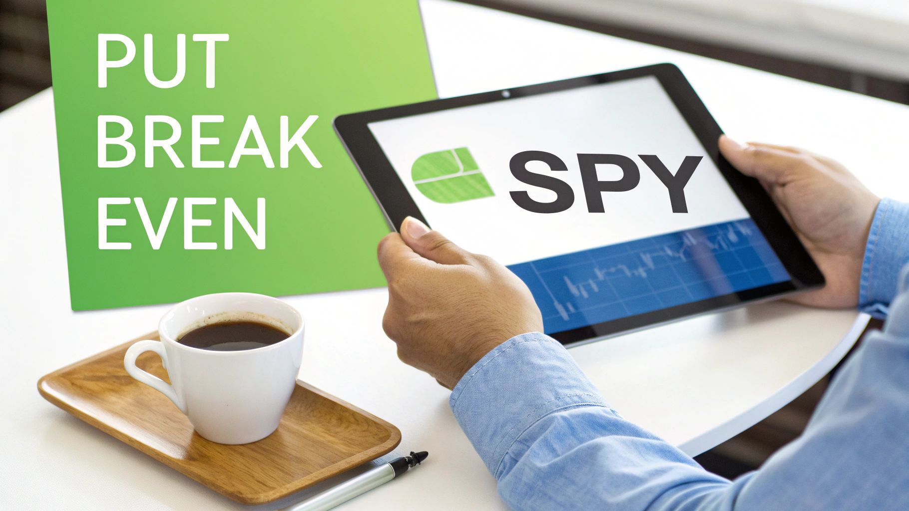 A person reviews SPY stock data on a tablet, with a 'PUT BREAK EVEN' sign and coffee on the table.