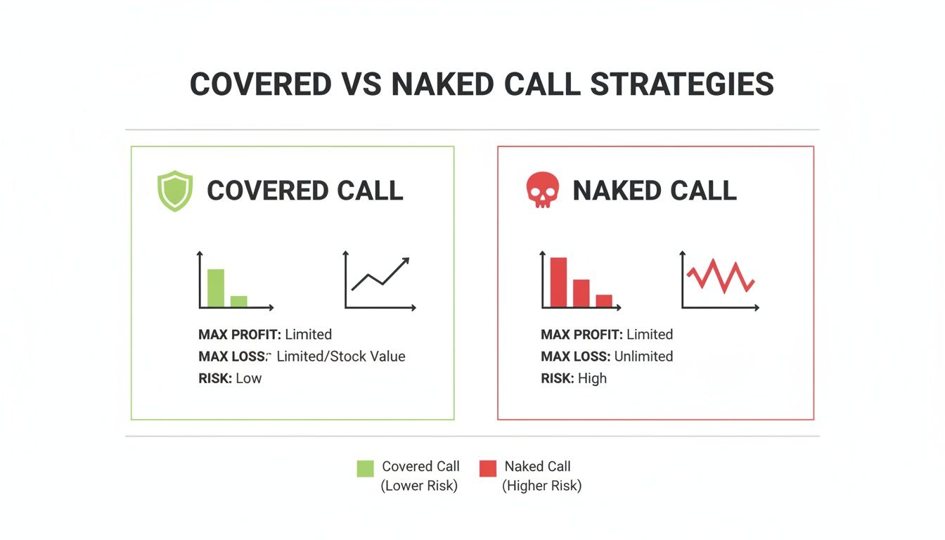Infographic comparing Covered Call and Naked Call options strategies, detailing their profit, loss, and risk.