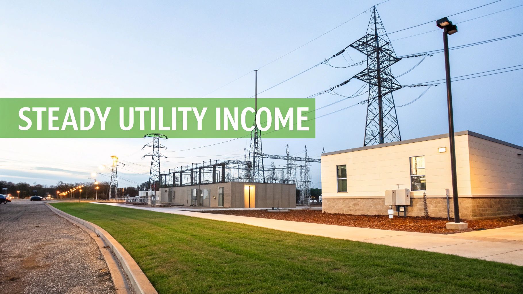Electrical substation at dusk with power lines, modern utility buildings, and a 'Steady Utility Income' banner.