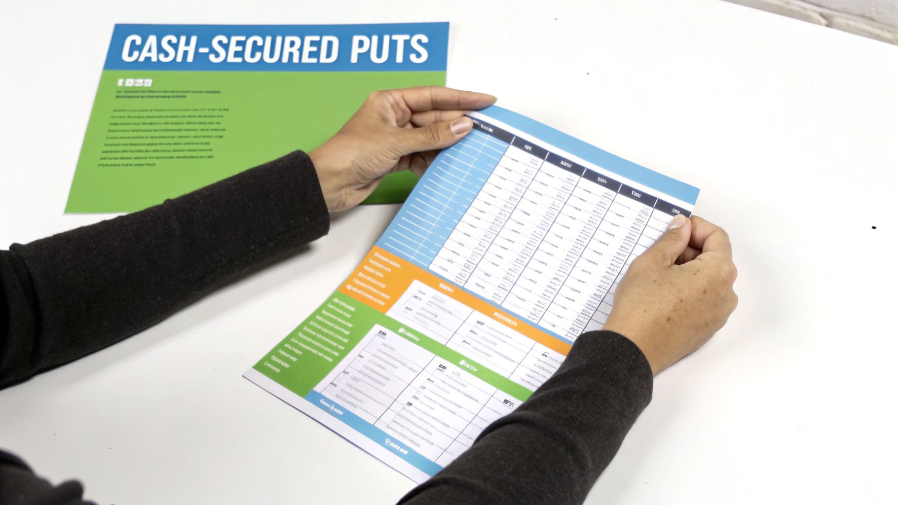 A person's hands hold a financial document with tables, while another document titled "CASH-SECURED PUTS" lies on a white desk.