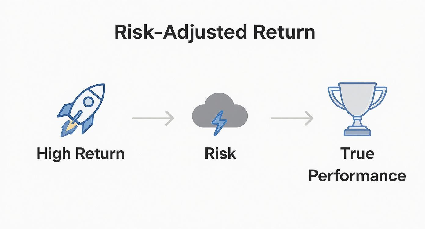 Diagram illustrates risk-adjusted return: high return (rocket) minus risk (storm) equals true performance (trophy).