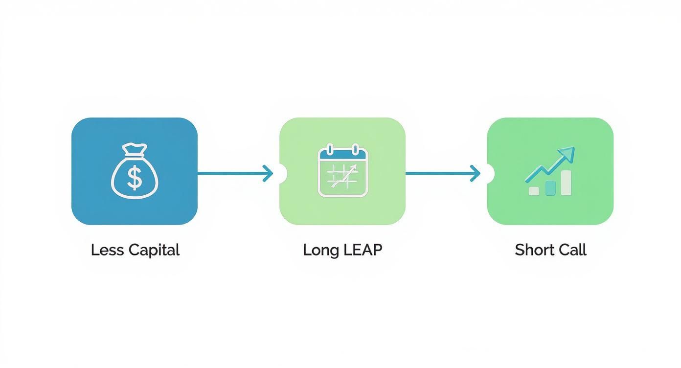 Investment strategy flowchart showing less capital leading to long LEAP options and short call positions