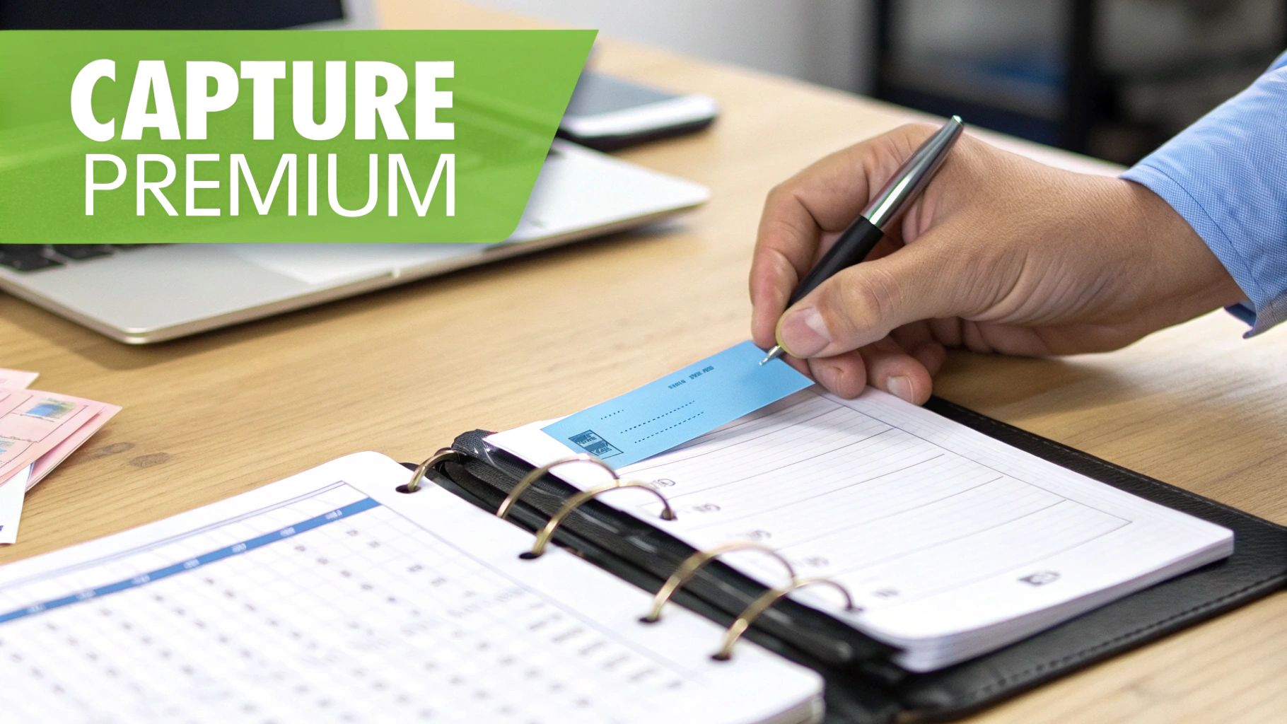 A person's hand uses a pen to write on a blue sticky note placed in an open ring-bound planner on a wooden desk.