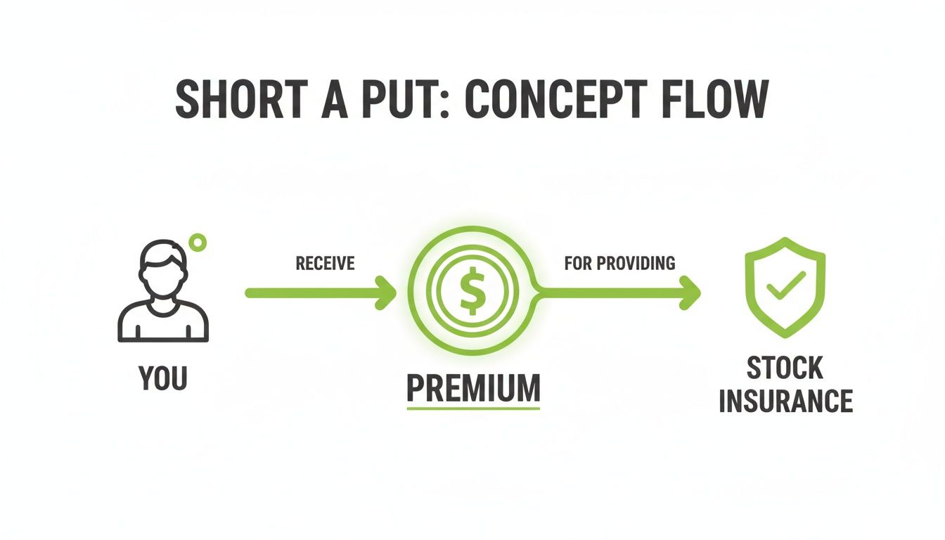 Diagram explaining the financial concept of shorting a put, showing premium received for stock insurance.